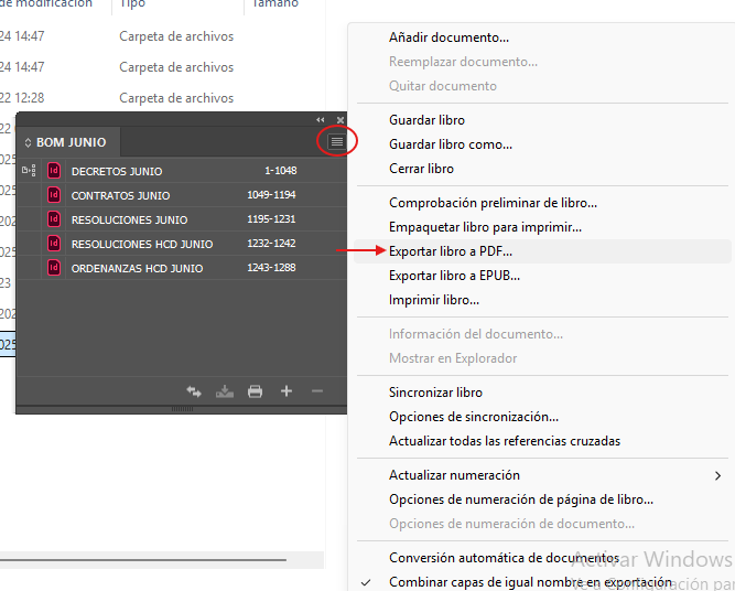 Menú del panel de libro para exportar a PDF